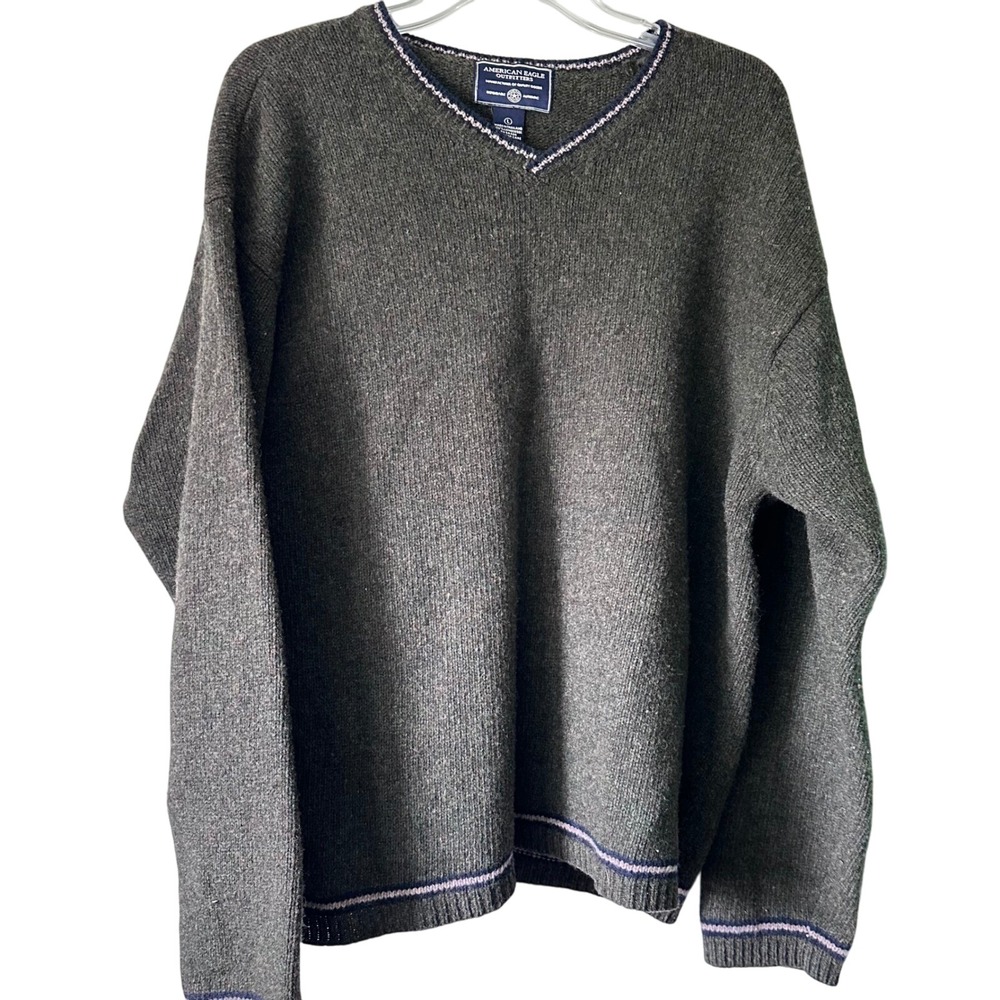 American Eagle Outfitters Mens V Neck Lambswool Sweater Size L Olive Green